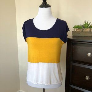 Blue, Yellow, and White color block shirt